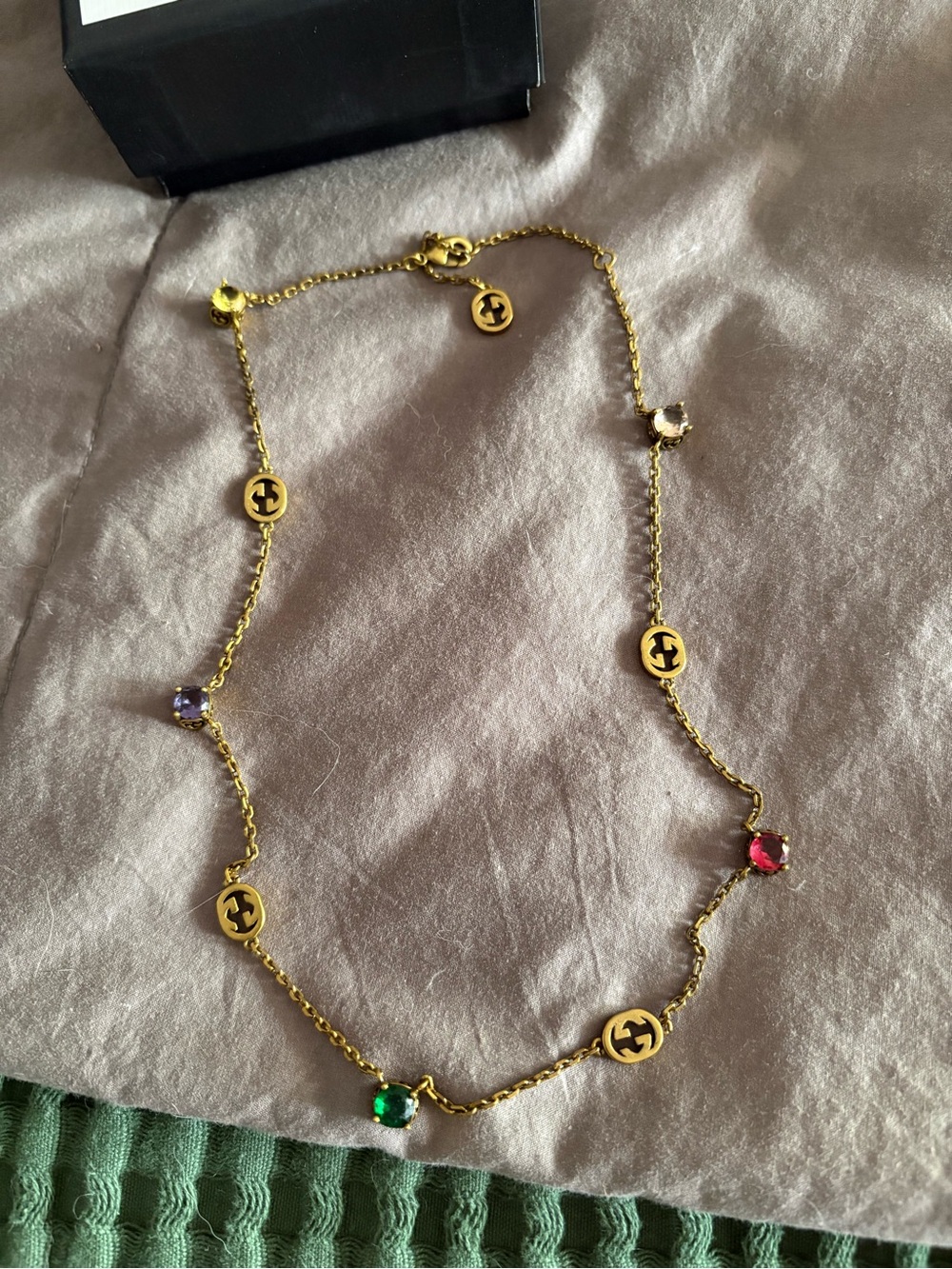 Gucci Old Gold-Tone Chain Necklace with Green, Red and Purple Gem Charms 20” - Picture 4 of 8